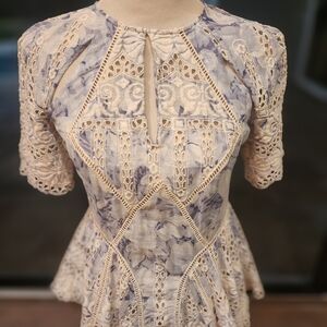 Zimmerman Peplum Short Sleeve Blue White Floral Lace Blouse Shirt Size 1 Small